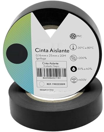 VoltShine Cinta Aislante Ancha PVC Negra 25mmx20m, flexible y duradera, ideal para trabajos eléctricos y aislamiento de cables.