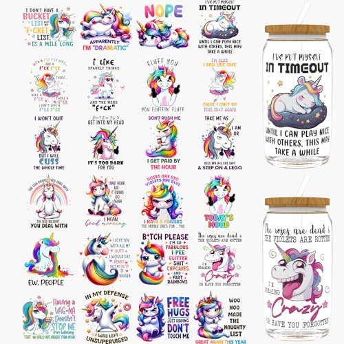 Dorsbaby 24pcs UV DTF Cup Wrap,UV DTF Cup Wraps for 16 oz,Glasses,Chairs,Computers,High Viscosity UV DTF Transfer Paper (Funny Unicorns)