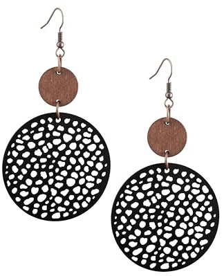 Hanary Bohemian Black Cut-Out Wood Leather Dangle Drop Earrings, Vintage Summer Chic Hippie Statement Jewelry Gift for Women