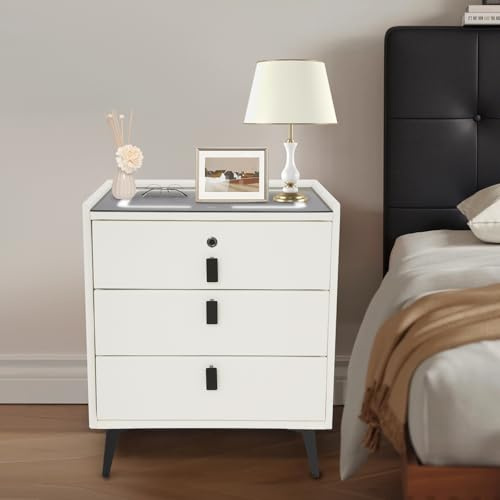 ROMYIX Smart Bedside Table,LED Bedside Table w/Wireless Charging &Fingerprint Lock, 3-Drawer Nightstand w/USB Ports,Bluetooth Speaker & Adjustable Lights,Modern Bedside Cabine for Bedroom (White)