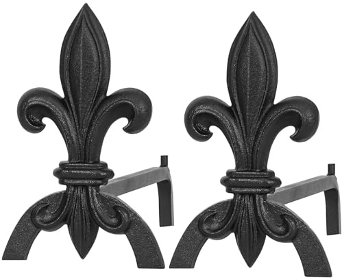 Fireplace Andirons for Wood Burning Fireplaces, Heavy Duty Cast Iron & Steel, Black Modern Iris Shape Decorative Andirons, Elevates Logs for Better Airflow