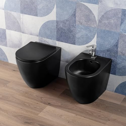 Coppia Sanitari bagno a terra in Ceramica Nero Opaco - WC Rimless, Bidet, Sedile Soft Close, Sgancio Rapido, Risparmio Idrico, Fissaggi Inclusi, Installazione Parete o Pavimento - Mod. BlackFloor