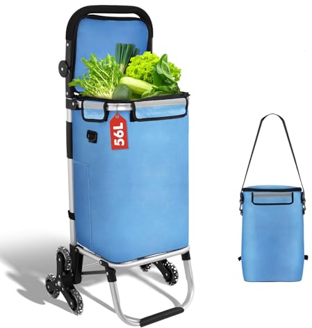3 in1 Einkaufstrolley Klappbar,Einkaufswagen m𝐢t 56L Kapazität und belastbar bis 35kg,Einkaufswagen mit Kühlfach,Einkaufstasche mit Rollen,Wasserfest Einkaufstrolley Treppensteiger,Blau