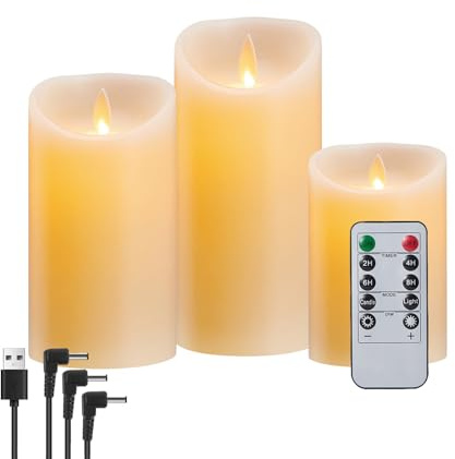 Koelaa Flameless LED Candles Battery Operated with Remote & Timer - Set of 3 Rechargeable Realistic Dancing LED Flickering Wick Pillar Candles for Christmas, Wedding, Parties, Home & Table Decor