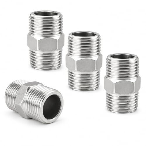 QZKJQDD 4 Pcs 1/2 Male to 1/2 Male, Thread Stainless Steel Hex Nipple Connector, Hex Nipple Pipe Fittings, Straight Pipe Fitting G1/2 x G1/2 Thread Connector for Pipe Connecting Conversion