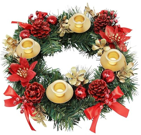 Künstlicher Adventskranz 30 cm - Mit 4 Kerzenhaltern, Roten Blüten & Goldenen Akzenten | Weihnachts Tischkranz Dekoration Advent Weihnachten Deko (A)