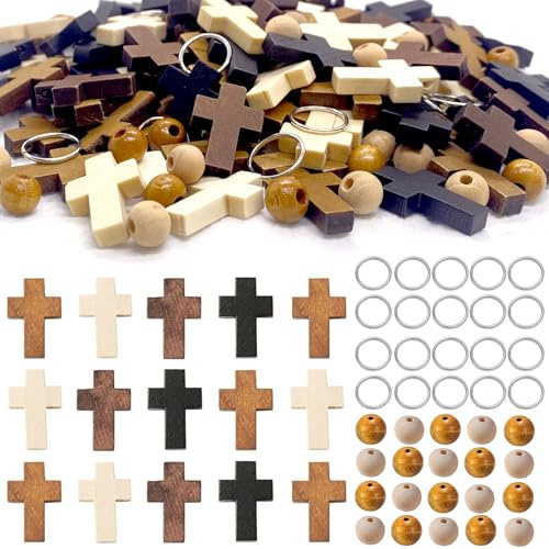 160 Stück kleine Holzkreuz-Anhänger in 4 Farben, natürliche Taschen-Gebetskreuze,mit 20 Perlen und 20 Ringen, für christliche Geschenke,DIY handgefertigte Kreuz-Halsketten,Armbänder und Bastelarbeiten