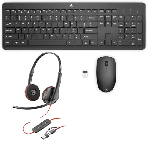 HP Work From Home Bundle - HP 230 Wireless Mouse & Keyboard Combo Black & Poly Blackwire 3220 Wired Headset - Noise Cancelling Mic - Works w/Teams, Zoom