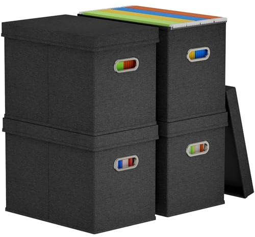 Lifewit A4 File Organiser Box with Lids, Portable Document Storage Box with Plastic Slide, Hanging File Folder Organizer for School Home Office Supplies, Decorative Folders Storage, Dark Grey, 4 Pack