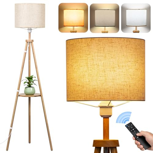 Lámpara de Pie de Madera Trípode con Separadores de Almacenaje, Regulable en 3 Colores, Lampara de Pie Salón con Control Remoto Pantalla de Lino e Interruptor de Pie para Dormitorio Estudio Salón