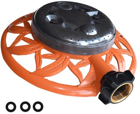 MoSundi Irrigatore per prato in metallo a 8 motivi con base resistente per irrigazione da giardino, arancione, diametro di copertura 8-10 m, 34 tubi da giardino AM