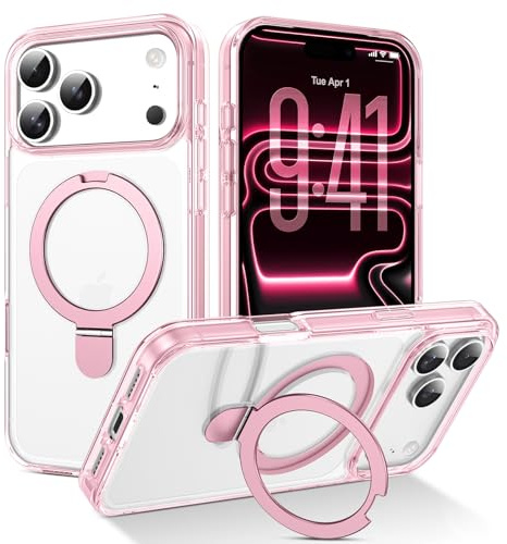 DUEDUE Magnetic for iPhone 17 Pro Max Case 6.9, Pink | Compatible with Magsafe, Invisible Ring Holder, Transparent Back Anti-Yellowing, Slim Fit