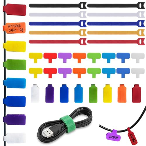 40 Pezzi Etichette per Cavi Elettrici Inscrivibili, 10 Pezzi Cinturini per Cavi di T Testa di Gatto Nylon Set di Gestione Cavi Riutilizzabili per Casa e Ufficio Organizzare e Identificare Cavi