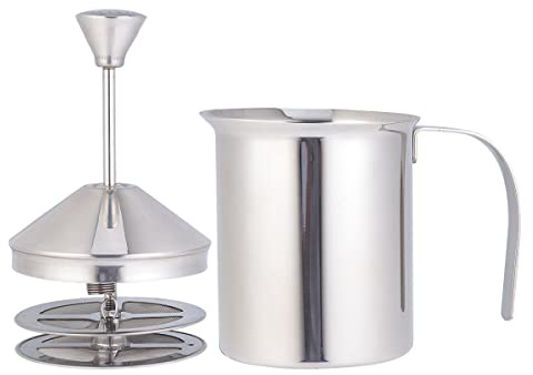 GANAZONO Schiumatore di Latte Manuale in Acciaio Inox 400cc Doppio Filtro a Maglia, Adatto per Cappuccino e Latte in Casa e Bar