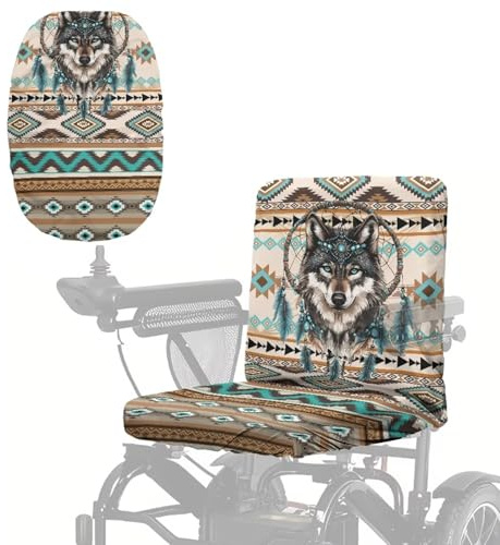 Wanyint Electric Wheelchair Seat Cover Polyester Fabric Protector Accessories for Mobility Scooter, Power Chair Seat Cover Prevent Wind, Dust, Sun, Aztec Wolf Dream Catcher