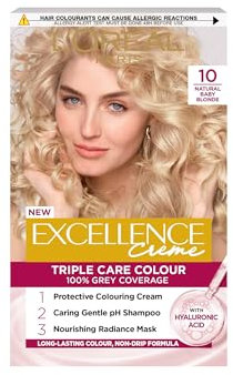 L'Oréal Paris Excellence Crème Permanent Hair Dye, Radiant At-Home Hair Colour with up to 100% Grey Coverage, Pro-Keratin, Up to 8 Weeks of Colour, Colour: 10 Natural Baby Blonde
