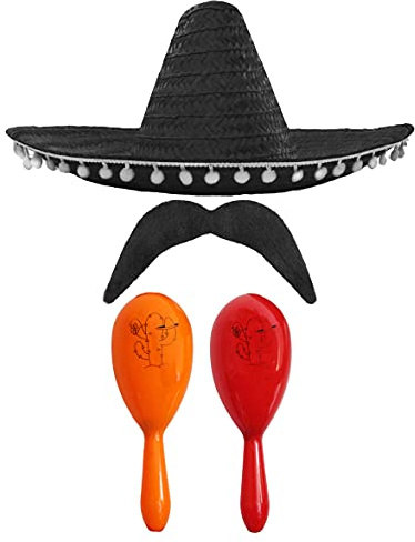 Mexikanisches Zubehör-Set für Erwachsene, schwarzer mexikanischer Sombrero, orangefarbene und rote Maracas, Schnurrbart, mexikanischer Cinco de Mayo Sensorita Bandit Mariachi, Kostümzubehör-Set
