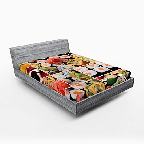 Ambesonne Japanese Fitted Sheet, Cuisine Sushi Fish Raw Meat Rolls South East Fast Food Ceremony Art, Bed Cover with All-Round Elastic Deep Pocket for Comfort, Queen Size, Multicolor