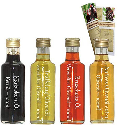 Geschenkset & Probierset | 4 x 100ml Öl | Natives Olivenöl extra - Bruschetta Öl - Trüffel Olivenöl - Kürbiskern Öl | mit Rezeptbroschüre