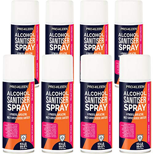 Pro-Kleen Alcohol Sanitiser Spray Antibacterial (8 x 400ml) - 70% Alcohol Kills 99.9% Bacteria - Perfect for Phones, Worktops, Trolleys, Keyboards, Light Switches & More (8 x 400ml)