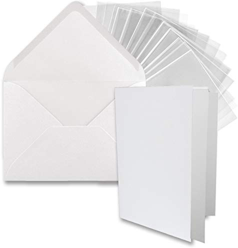 100x DIN B6 Faltkarten-Set - Hochweiß (Weiß) - 11,5 x 17 cm - Doppelkarten mit Umschlägen, Einlegepapier und Cellophanbeutel zum Basteln und Verkaufen