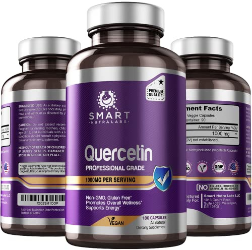 Smart Nutra Labs Quercetin 1000mg- 180 Vegan Capsules, 100% Pure Quercetin Supplement- Non-GMO, Gluten Free, Third Party Tested