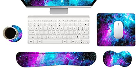Handballenauflage Tastatur + Mauspad + Handgelenkauflage + Untersetzer, Memory Foam 4-in-1 Handgelenkauflage Mauspad-Set für Computer, Laptop, Zuhause & Büro (Blaue Galaxie)