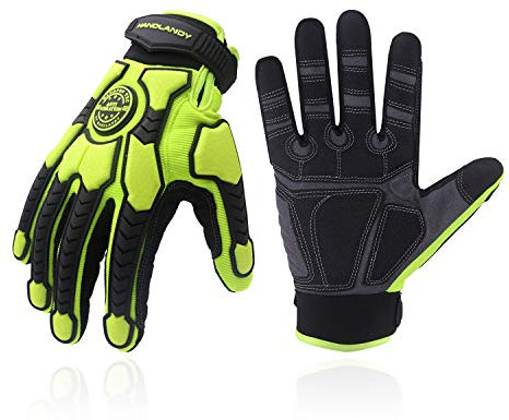 HANDLANDY HLDD Schwerlast Arbeitshandschuhe, SBR Polsterung, TPR Schutz Aufprallhandschuhe, Anti Vibrations Mechaniker Arbeitshandschuhe für Herren und Damen Touchscreen (Grün, L)