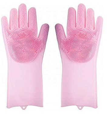 Lizzy Magic Silicone Gloves With Scrubber | Reusable, Multipurpose and Long Lasting | Dishwashing Gloves Cleaning Gloves for Kitchen, Household, Bathroom, Per Hair (Pink)