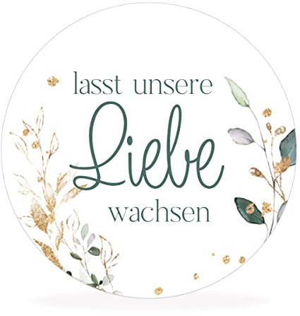 50 runde Aufkleber, Sticker „lasst unsere Liebe wachsen“ | stilvolles Design: floral | 4cm Durchmesser | selbstklebend | Gastgeschenke für Hochzeit Taufe Geburtstag