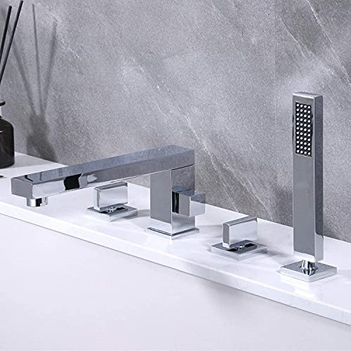 SXLSZ Wannenarmatur Mit Herausziehbarem Handbrause, 4-Loch Wannenbatterie Armatur Für Die Badewannen,Poliertes Chrom