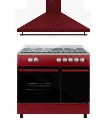 PACK SOLTHERMIC 90 CM ROJO BURDEOS COCINA PORTABOMBONA Y CAMPANA (HORNO A GAS 64L), 5 QUEMADORES