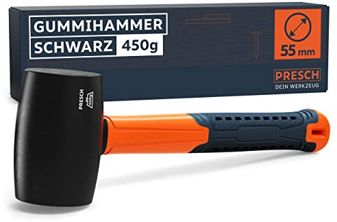 Presch Rubber Mallet Black 450g - Rubber Hammer with fibreglass Handle | ⌀=55mm - Black Natural Rubber for Outdoor - Durable Soft-face Mallet Hammer for Outdoor, Camping, Stones and More