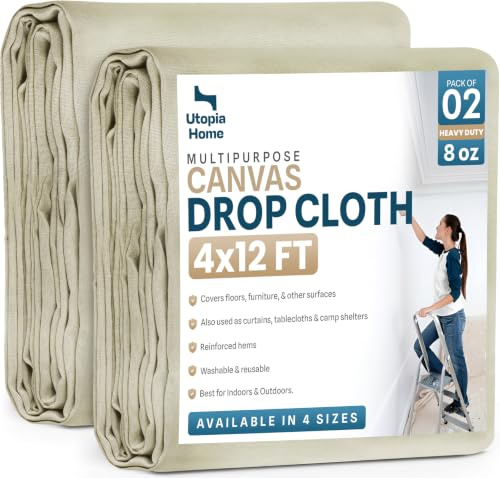 Utopia Home Drop Cloth per pittura (1,2 x 3,7 m, 2 pezzi) Tessuto di tela lavabile e riutilizzabile per mobili e pavimenti Protezione altamente assorbente - Duck Dropcloth per uso esterno e interno
