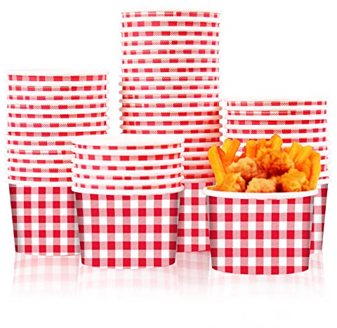gisgfim 50 Pcs Red Checked Ice Cream Cups Bowls 9 oz Disposable Checkered Paper Bowls for Desserts, Treats Soup, Hot Cold Food Picnic BBQ Camping Party Supplies