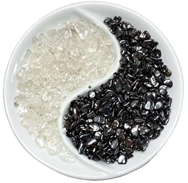 KRIO Yin Yang Räucherschale mit Bergkristall & Hämatit – Porzellan Schale schwarz weiß – Räucherstäbchenhalter – spirituelle Deko - Größe S - Ladestation
