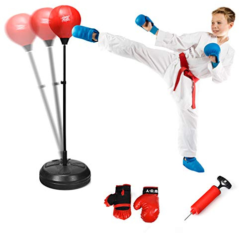 COSTWAY Punching Bag with Stand and Gloves, 122-154cm Height Adjustable Speed Ball Reflex Bag Kit, Freestanding Inflatable Boxing Bag for Kids Adults (Red)