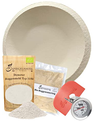Bäckerei Spiegelhauer Sauerteig Starter Set Roggensauerteig 300 g, Teigschaber, Einstechthermometer, Demeter Roggenmehl Typ 1150 1 kg, Gärkörbchen rund