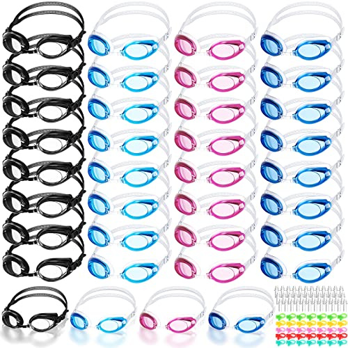 Hoteam 36 Pairs Kids Swim Goggles Bulk Child Swimming Goggles Gifts No Leaking Anti Fog Wide View Swim Pool Glasses with Earplugs and Nose Clip for Boys Girls Children from 6 to 14, 4 Colors