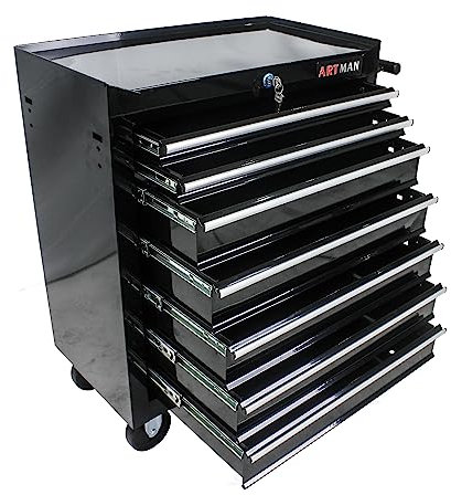 PULLAFUN Rolling Tool Cart on Wheels, 7-Drawer Tool Chest, Black, 24.2D x 12.9W x 29.9H, Garage, Workshop, Repair Shop