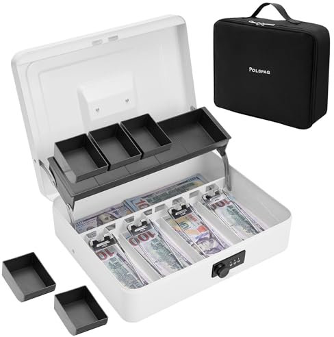 Polspag Geldkassette mit Tasche & Zahlencode, Metall-Spardose mit Geldablage, große verschließbare Geldkassetten, Deluxe Lock Safebox, tragbare Geldkassette mit verstellbarer Münzbox, 4 Geldscheine 5