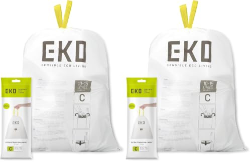 EKO Drawstring Bin Bags, Kitchen Bin Liners, 10-15 Litre, 40 Count, Code C | Leakproof and Tear-Resistant, Unscented Food Waste Bags, Bin Liners, Rubbish Bags, Refuse Sacks, Trash Bags, Fragrance-Free