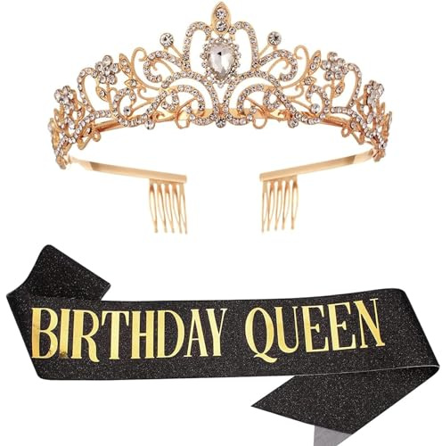 Birthday Queen Sash & Rhinestone Tiara Set, Tiara & Sash for Women's Birthday Decoration Kit, Rhinestone Headband for Girl, Glitter Crystal Hair Accessories for Party (Black)