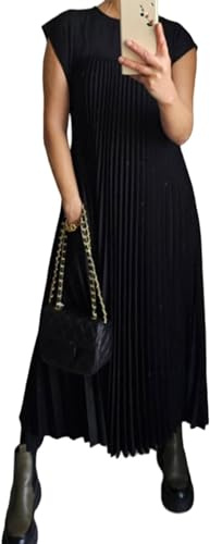 Longue robe plissée simple de couleur unie pour femme, à col rond, ample, pour l'été