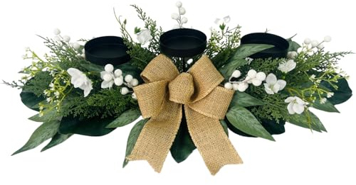 Svndlyn Candle Holders Centerpiece for Dining Table, 3 Wick Holder with Artificial Gypsophila,Magnolia,Holly Berries - Elegant Floral Arrangement for Seasonal Home Decor Table Centerpiece