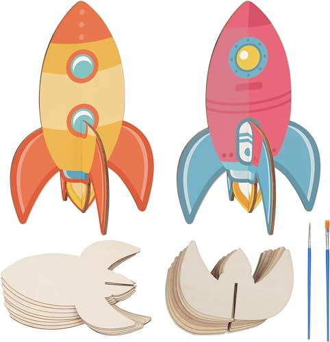 DKINY 10pcs Raketen Bastelset Kinder 3D Rakete aus Holz zum Basteln und Bemalen DIY Weltraum Holzbastelset Kreativset Bastelbedarf Geschenk für Junge Mädchen Geburtstag Kindertag Einschulung