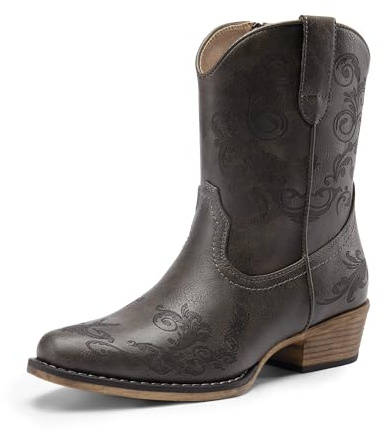 DREAM PAIRS Women's Cowboy Cowgirl Western Ankle Boots Low Chunky Heels Square Toe Fall Short Booties Shoes,Size 9,Grey,SDAB2407W