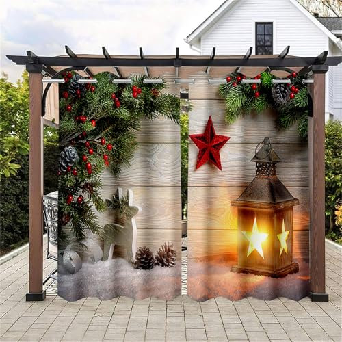 Hiseng wasserdichte Vorhänge Outdoor, Weihnachten Tannenblätter 3D Drucken Outdoorvorhänge 2 Stück Verdunkelungsvorhang Blickdicht mit Ösen Sichtschutz Vorhang (137x304cm,Rot Beeren)