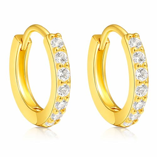 LÖB Creolen 750er Gold Vergoldet Zirkonia 15mm Rund, Damen Ohrringe Klappcreolen Glitzer Strass Steine Klein Elegant Dezent Leicht Klassisch Schmuck