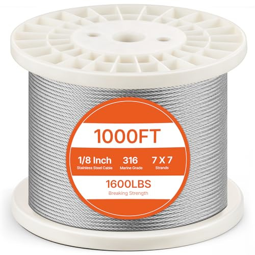 VEVOR Kit de Cables de Alambre de 3,18mm Alambre de Acero Inoxidable 316 de 305m con Cortador y Guantes, Resistencia a la Rotura de 7,1 kN, 7 x 7 Hebras, Cables de Grado de Aeronáutico para Pasamanos
